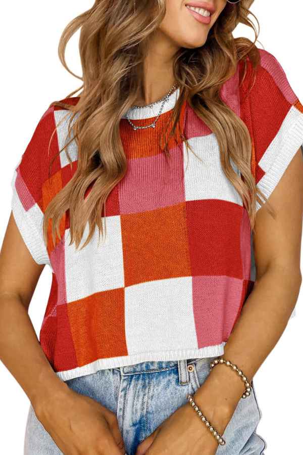 Multicolor Checkered Loose Fit Knitted Fashion Tee Top image 1