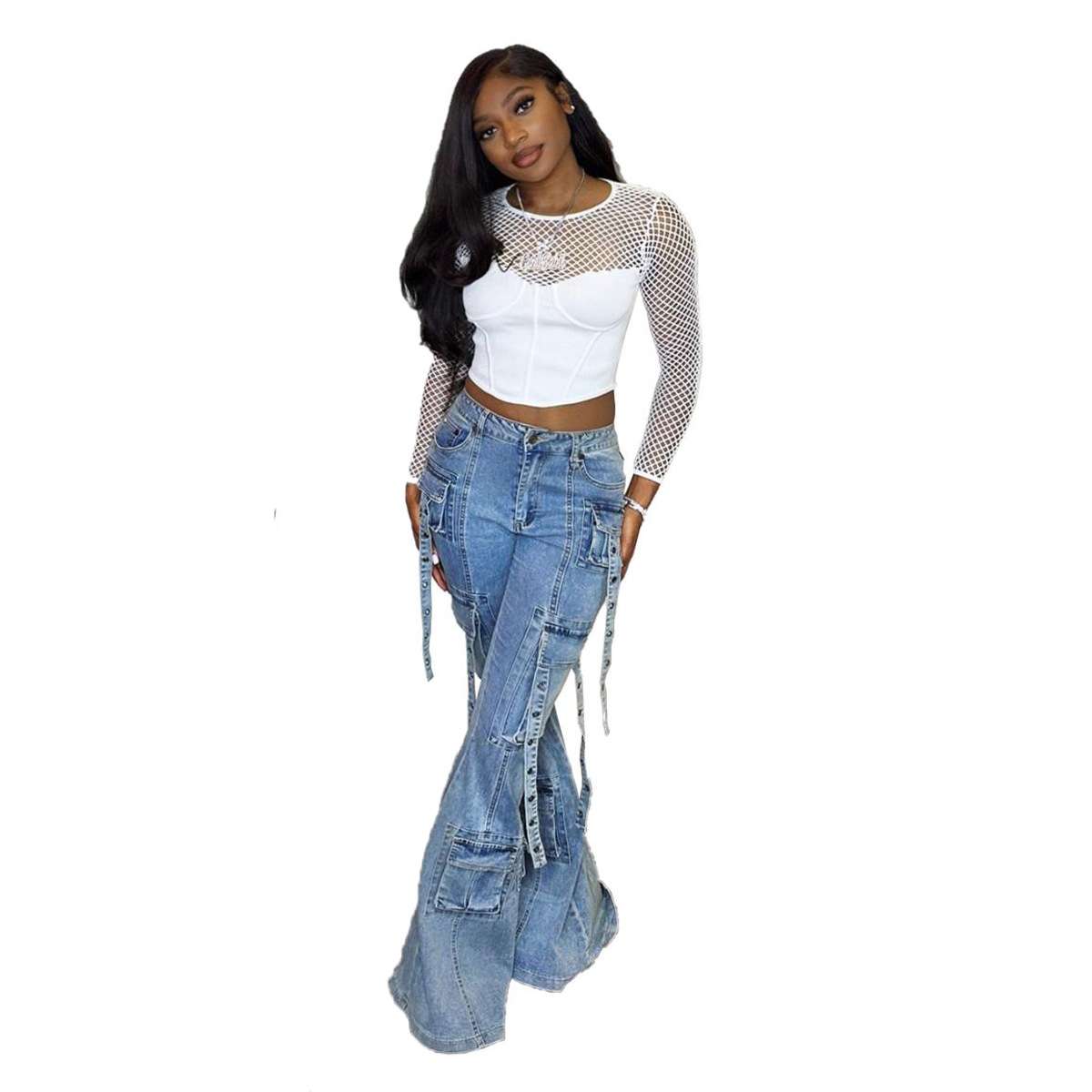 Wide Leg Flare Bell Bottom Denim Cargo image 2