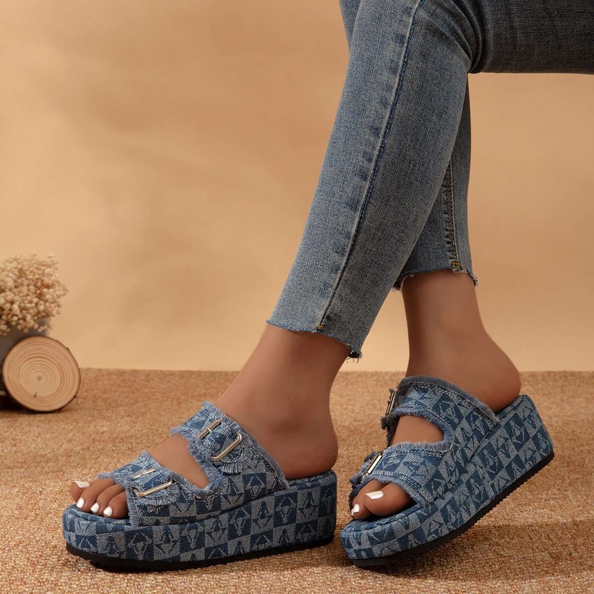 Washed Denim Platform Slippers image 0
