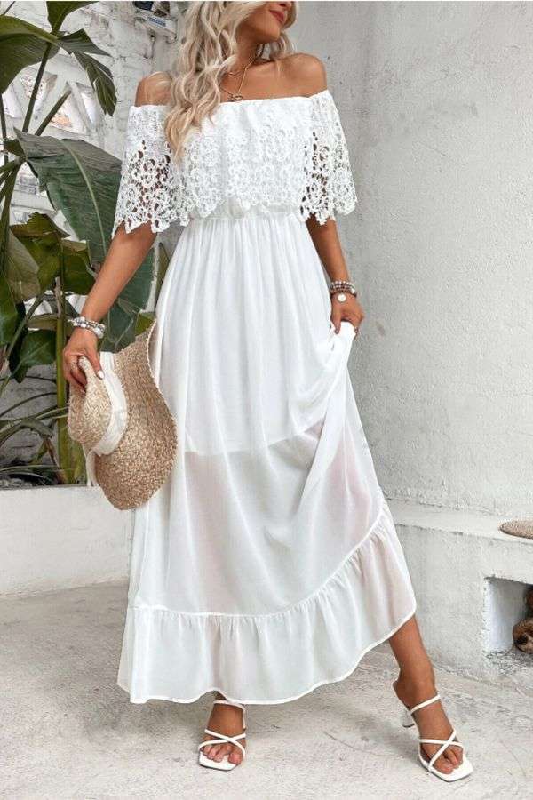 Chic Off-Shoulder Lace Maxi Dress - M, White image
