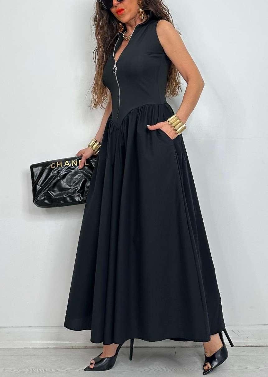 Zip-Front Maxi Dress - M, Black image