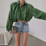 Self Design Puff Sleeve Shirt Style Top - XL, Burnt Olive Green image