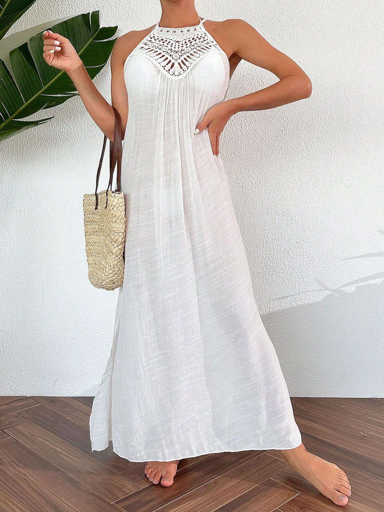 Halter Neck Crochet Detail Maxi Dress - L, White image