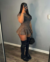 Pleated Mini Skirt - M, Brown image