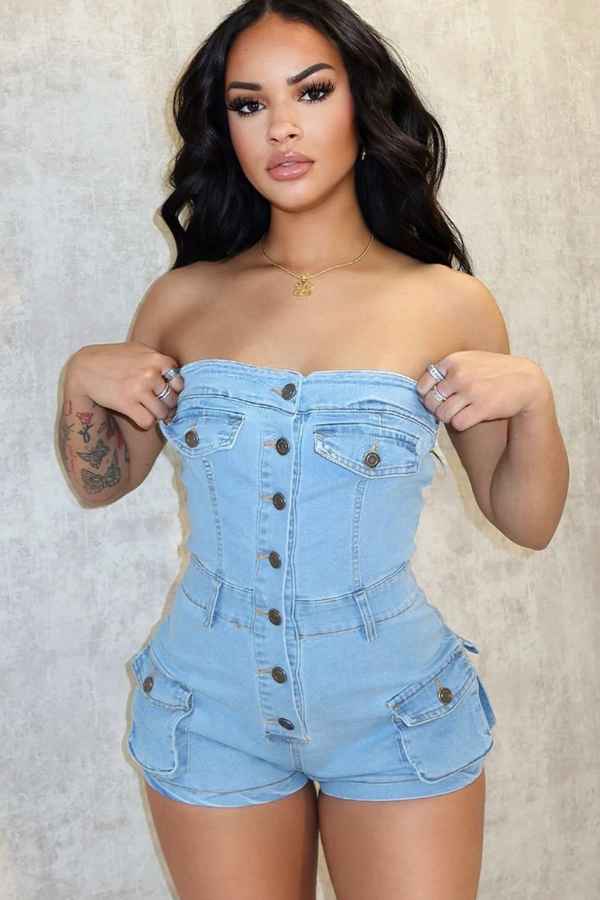 Sexy Button Down Off Shoulder Denim Mini Romper image 0