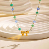 Beaded Necklace with Gold Bow Pendant - Free Size, Blue image