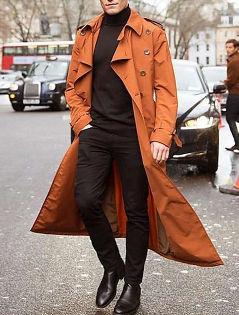Classic Belted Overcoat Long Trench Coat - XL, Orange image