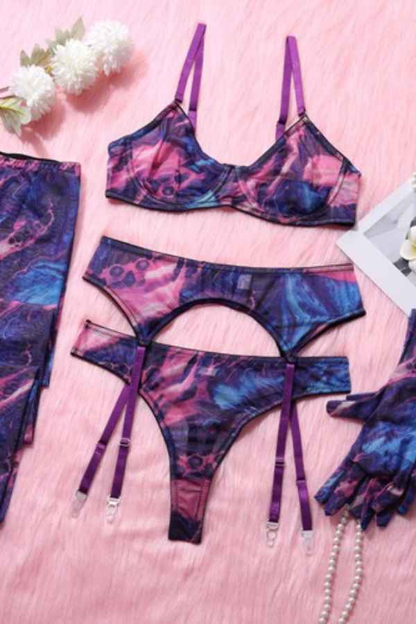 Sexy Printed Bodysuit Stockings Five Piece Lingerie Set image 4