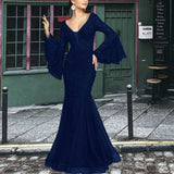 Floral Lace Flare Sleeve Party Maxi Dres - S, Dark Blue image