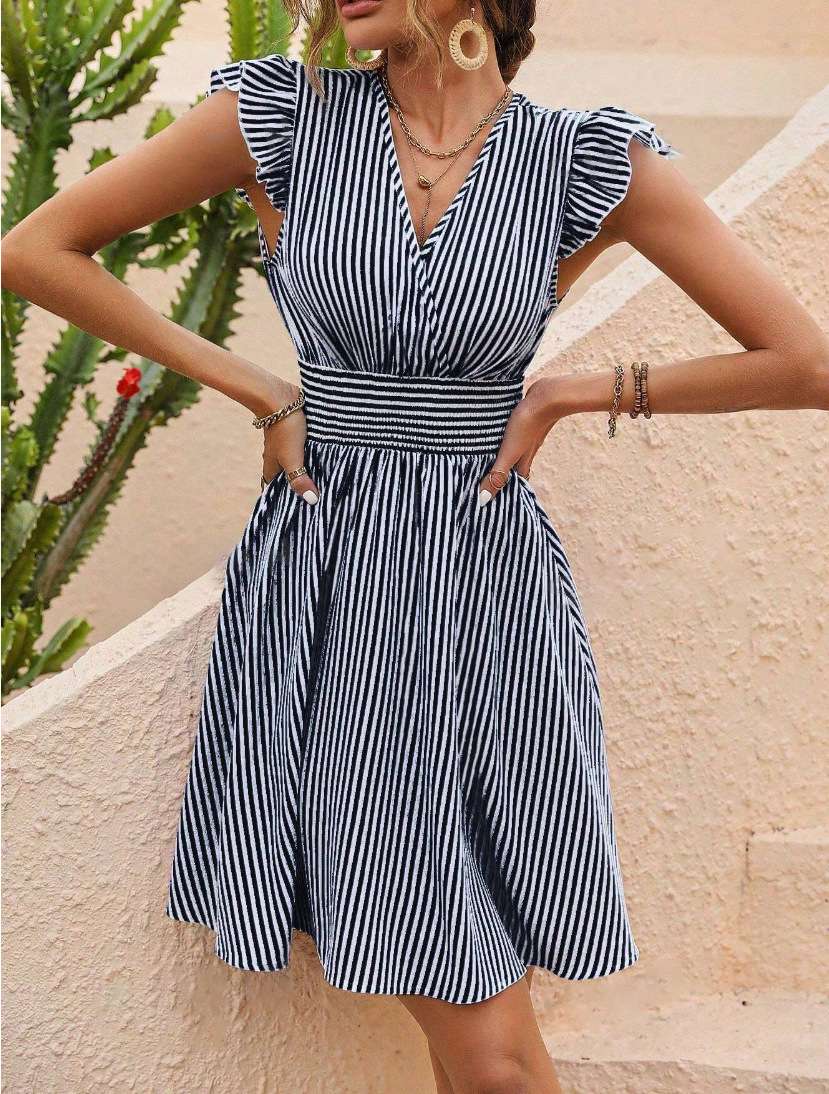 Striped Sleeveless Dress with Ruffled Shoulders image 4