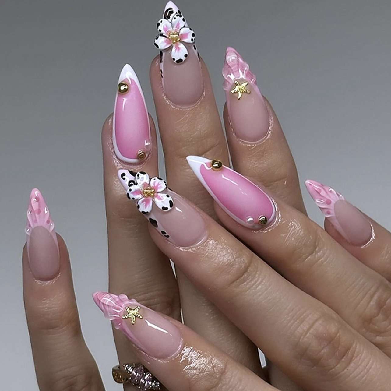3D Floral Pink Stiletto Nail Art Set image 1