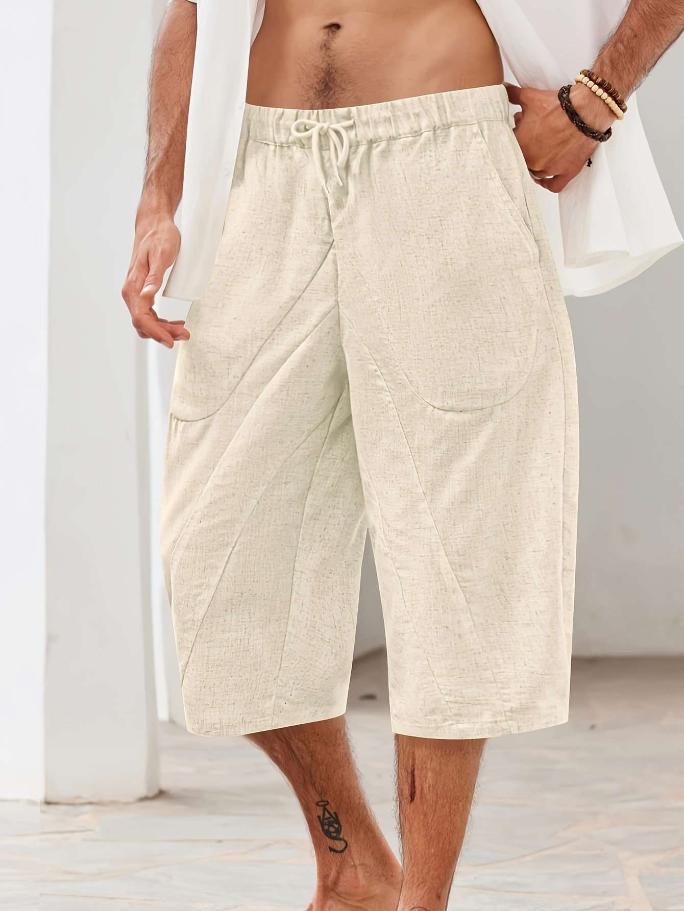 Mens Casual Drawstring Capri Pants - S, Beige image