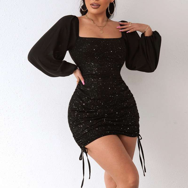 Lantern Sleeve Tie Back Drawstring Glitter Dress - L, Black image