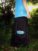 Embroidered Denim Raw Edge Pants - L, Multi Blue image