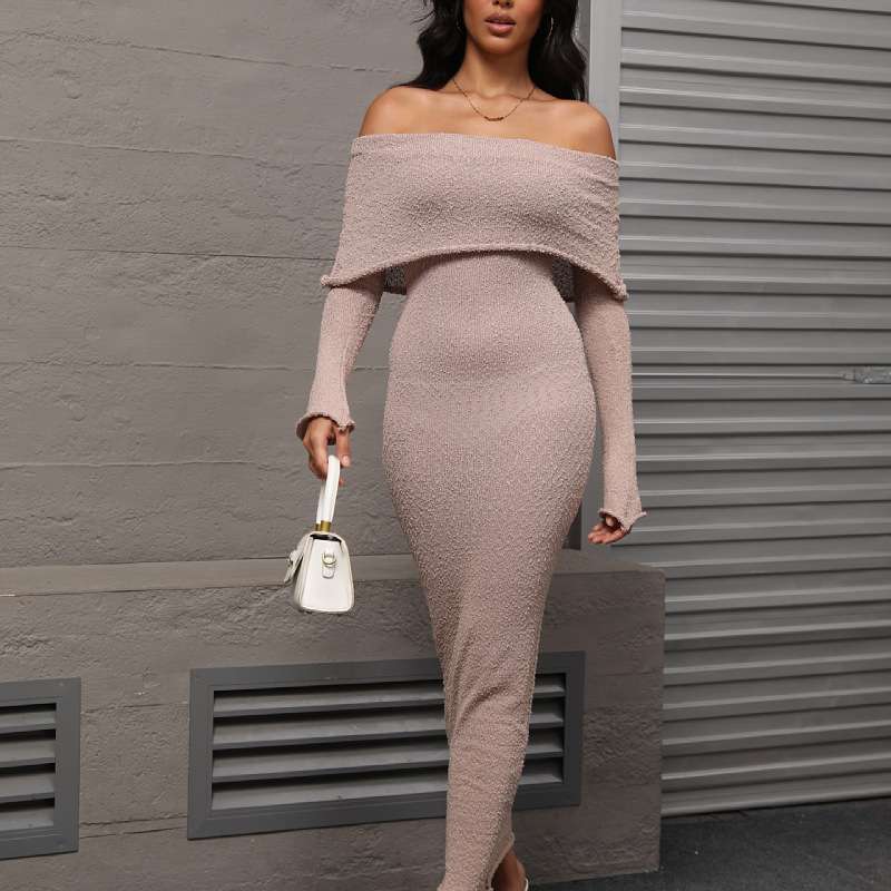 Off Shoulder Long Sleeve Dress - L, Warm Taupe Beige image