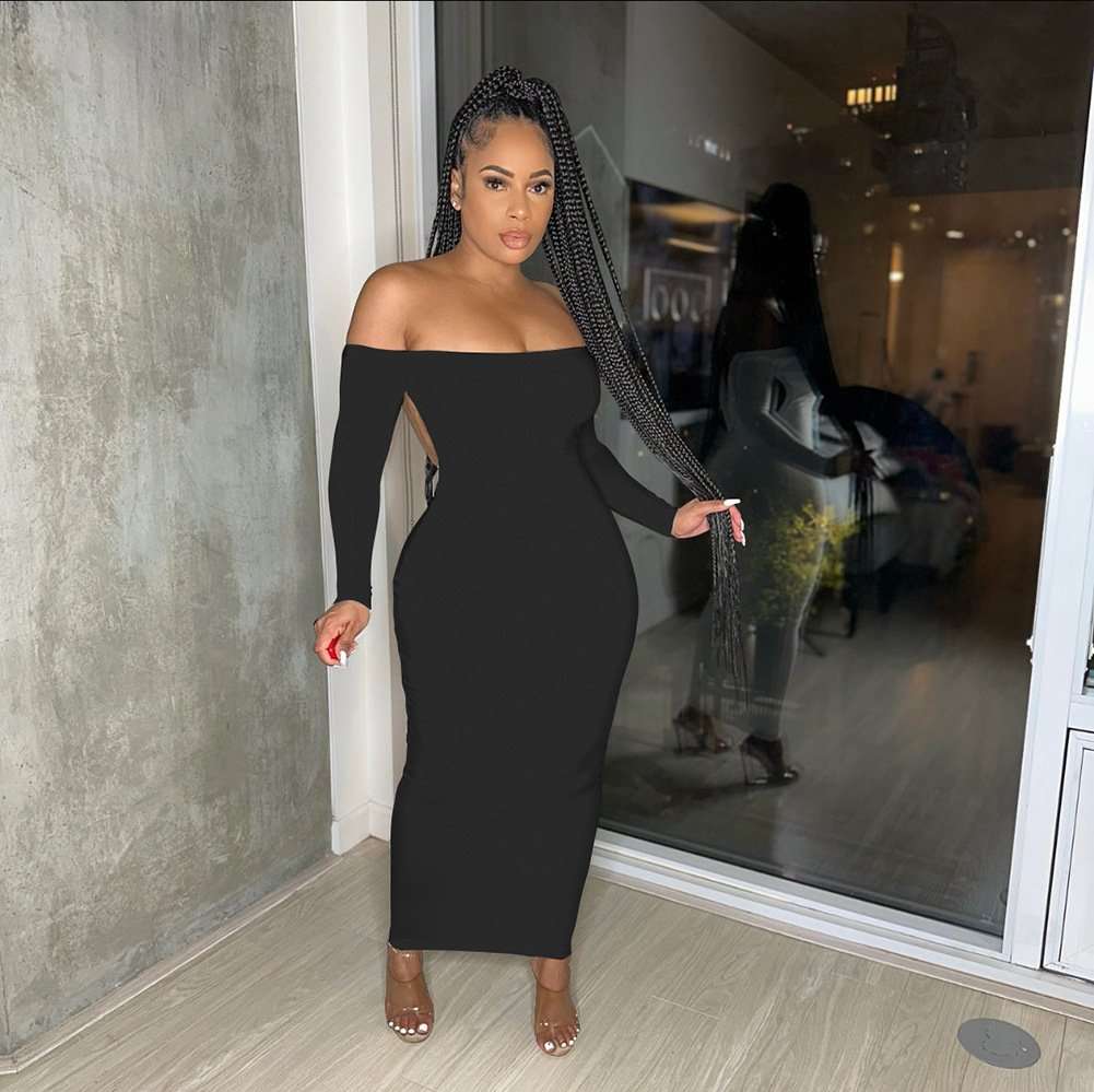 Off-Shoulder Long-Sleeve Maxi Dress - L, Black image
