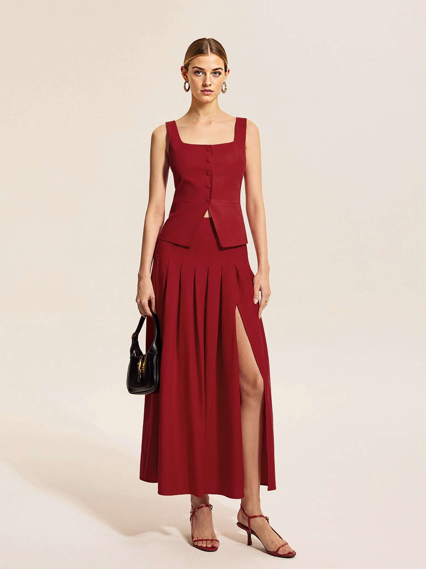 Pleated Maxi Skirt and Sleeveless Top Set - M, Red image