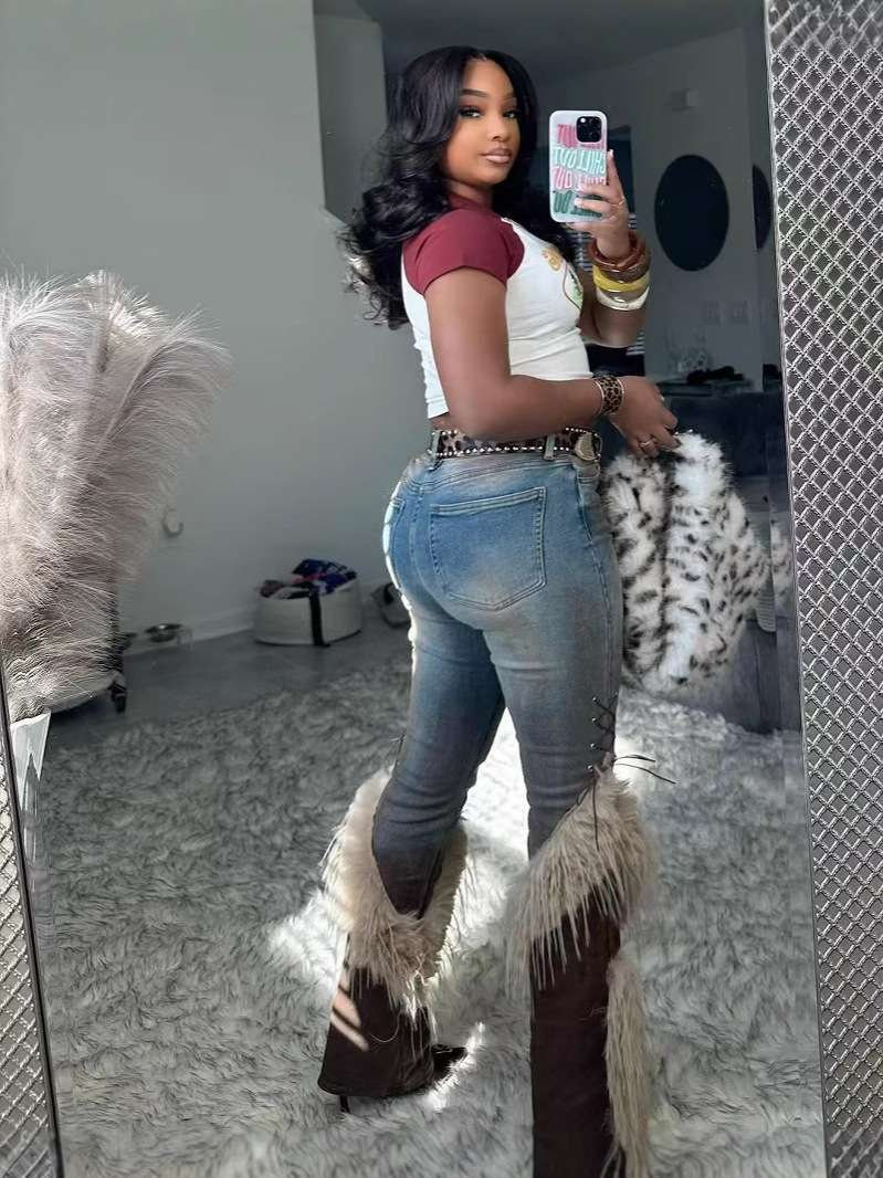 Unique Distressed Jeans with Faux Fur &amp; Lace-Up Details image 4