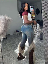 Unique Distressed Jeans with Faux Fur &amp; Lace-Up Details image 4