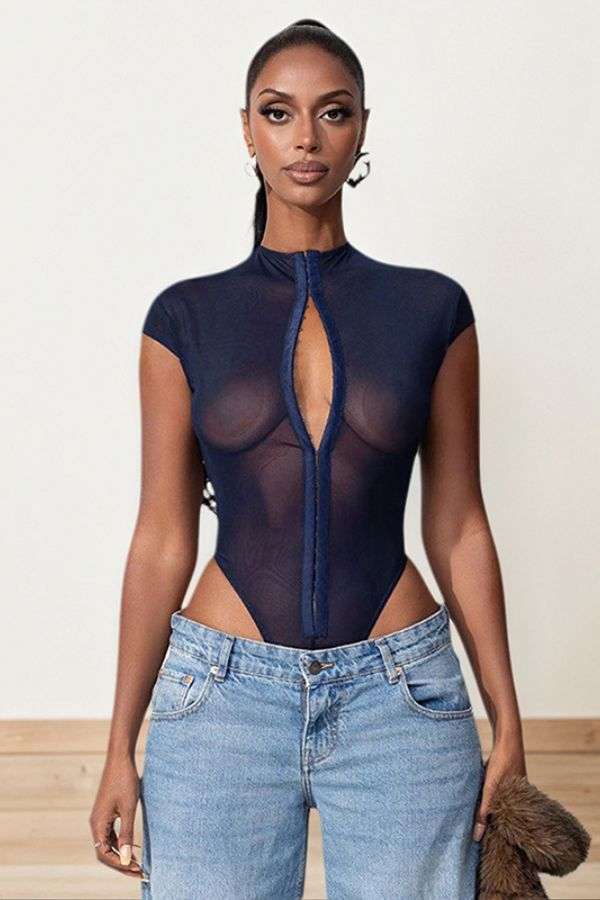 Sheer Mesh Bodysuit with Front Button Closure - M, Dark Blue image