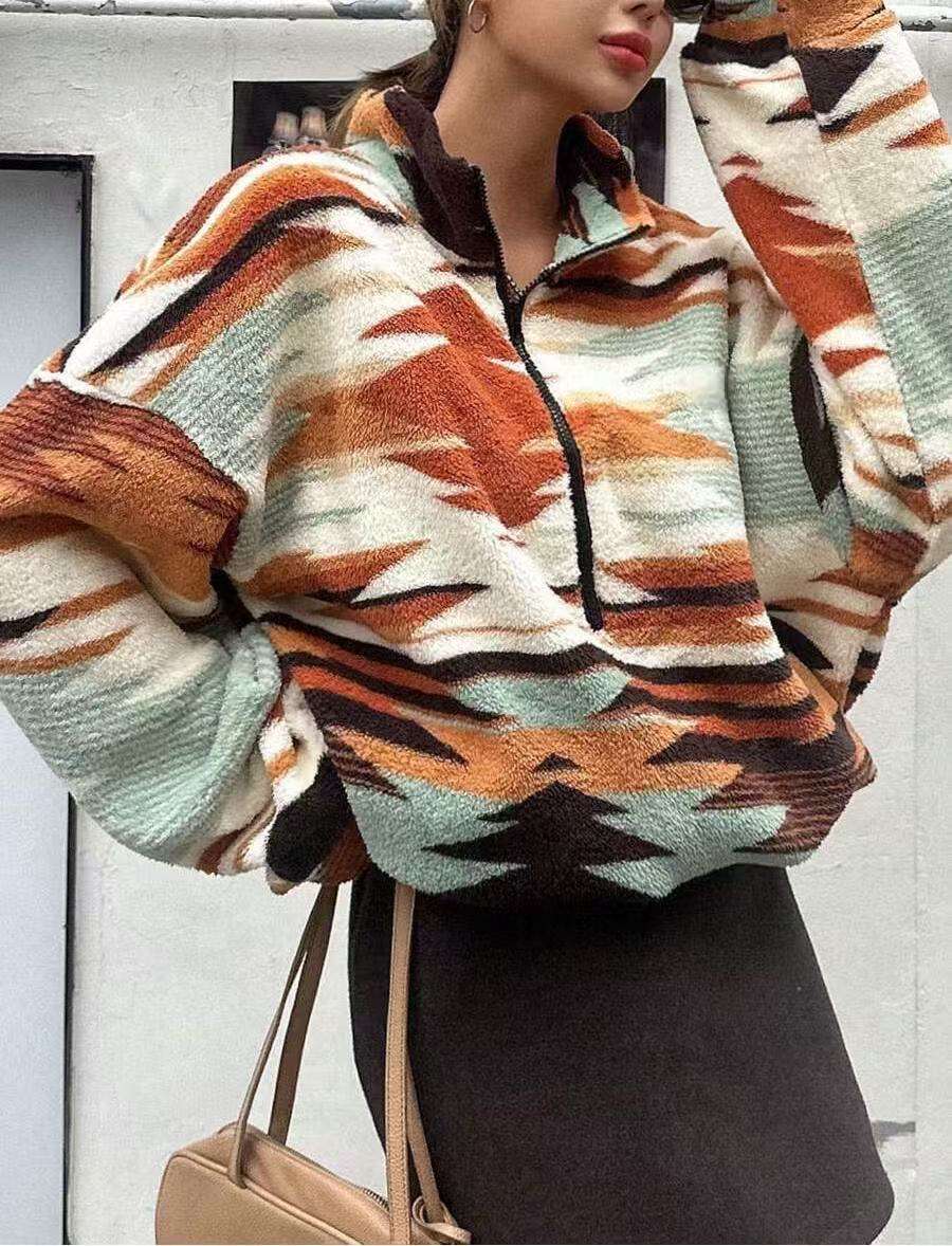 Geometric Pattern Quarter-Zip Pullover - M, Brown image