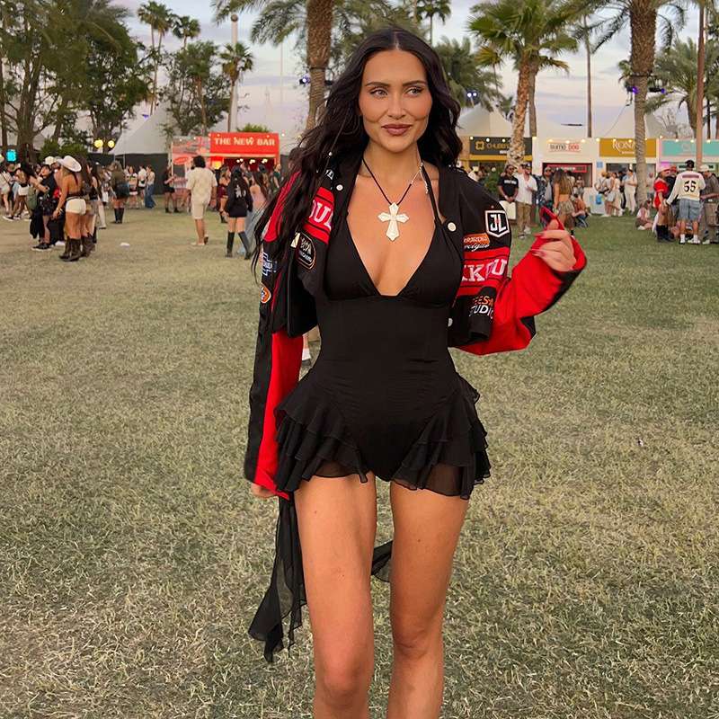 Ruffled Tiered Dress with Deep V Neckline - M, Black image