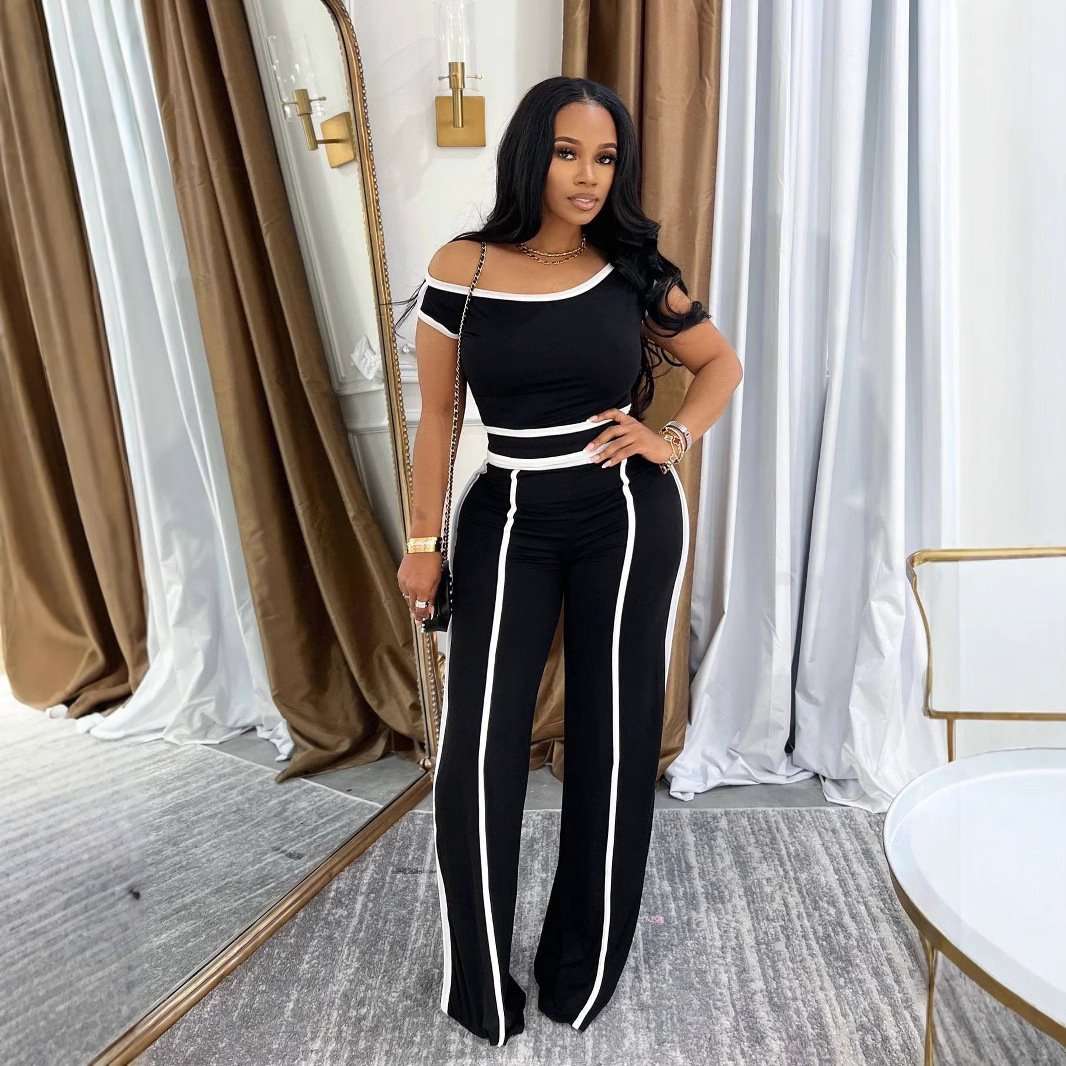 Off-Shoulder Lounge Set with Contrast - M, Black image