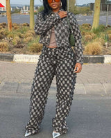 Textured Two-Piece Suit with Cropped Jacket & Wide-Leg Pants - M, Grey image