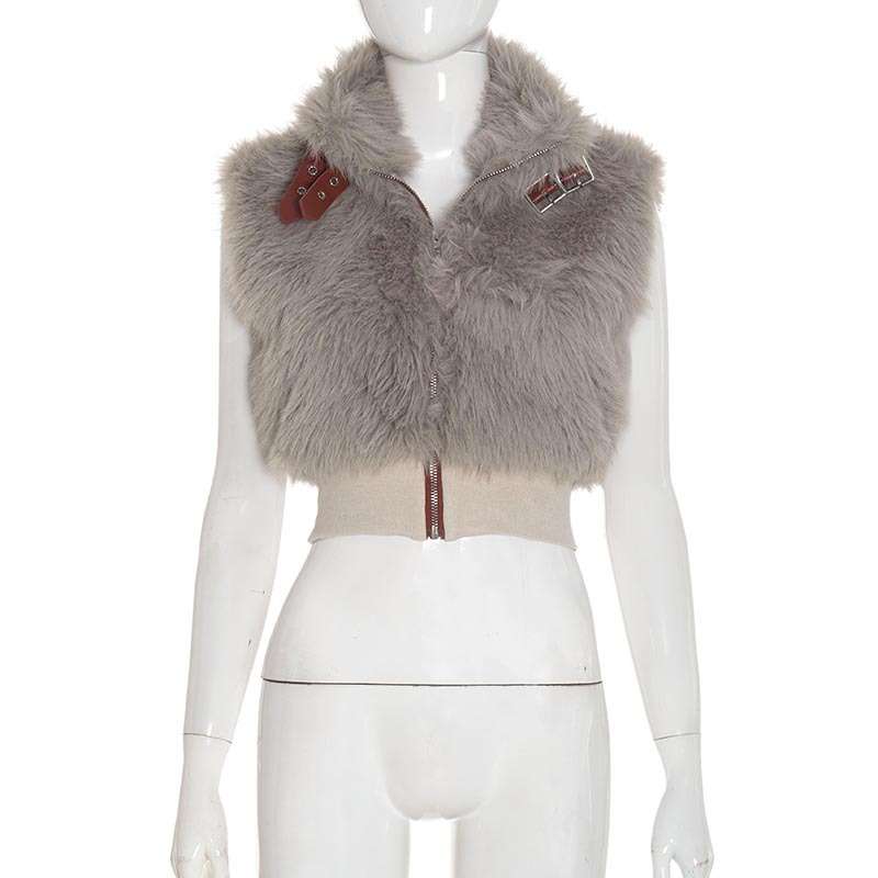 Chic Faux Fur Vest Zippered Jacket image 3
