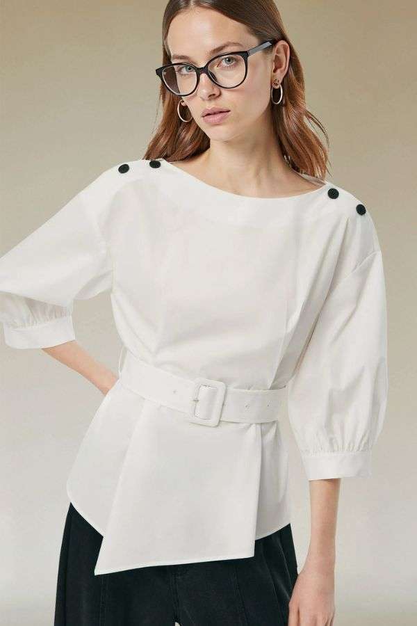 Asymmetrical Belted Blouse with Puff Sleeves - S, White image