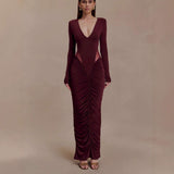 Chic Long Sleeve Bodycon Maxi Dress - L, Wine Red image