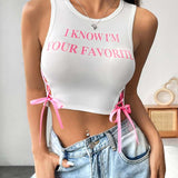 Crop Top Tank with Text & Side Ribbon Details image 5