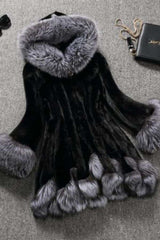 Patchwork Cardigan Furry Hooded Coats - S, Black image