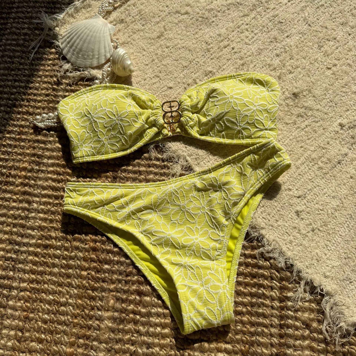 Floral Lace Two-Piece Swimsuit - M, Yellow image