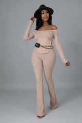 Off Shoulder Crop Top Lace Long Pant Set - XL, Apricot Illusion Beige image