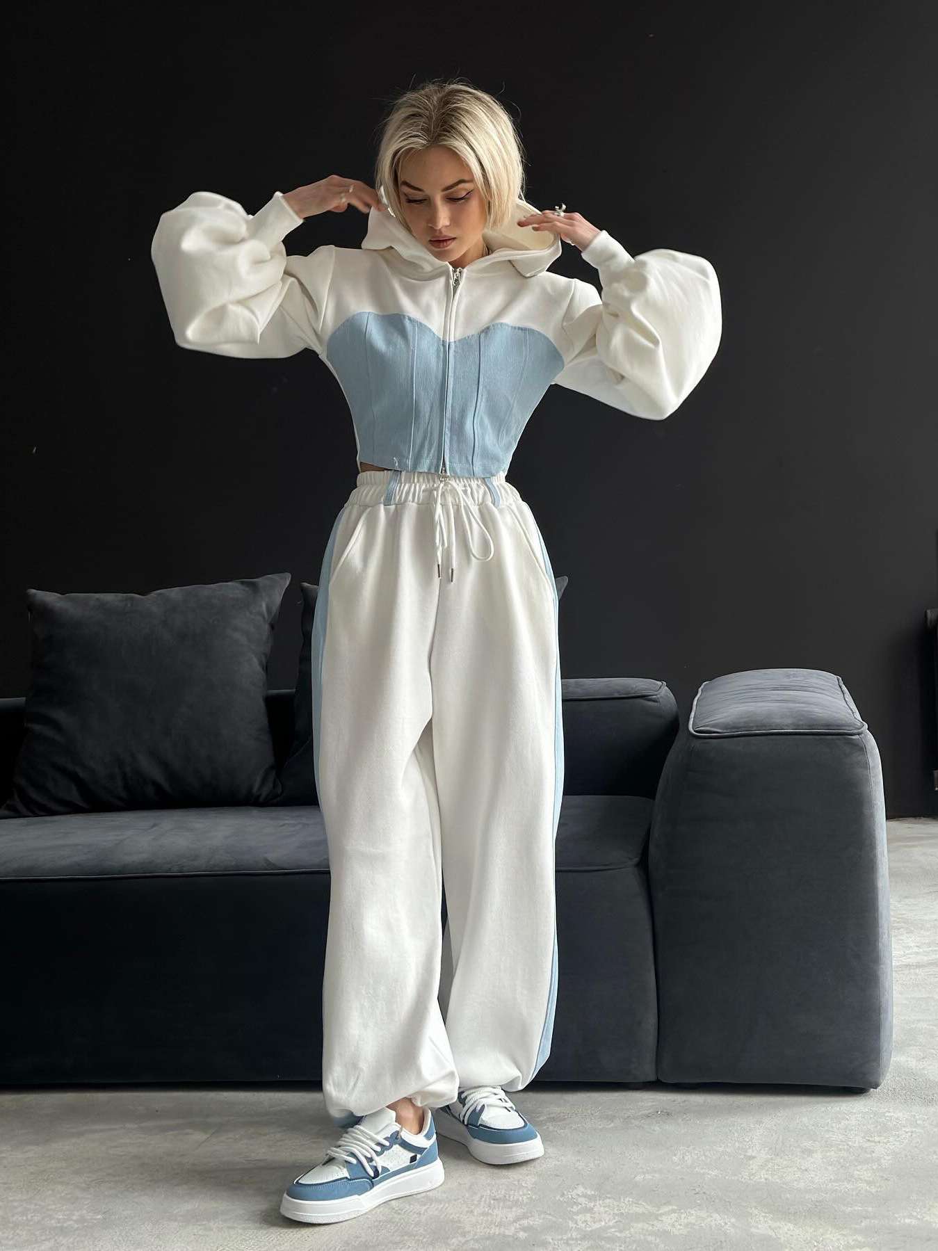 Patchwork 2-Piece Zipper Hoodie Jacket Pants Set - S, White image