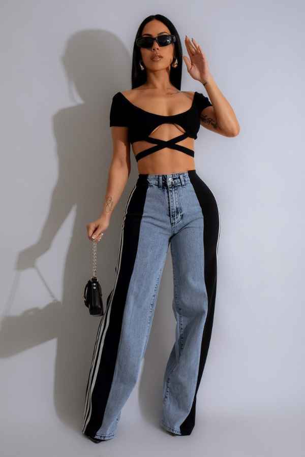 High Waisted Denim Striped Flared Leg Jeans image 0