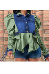 Button Down Patchwork Shirt  Jacket Crop Top - M, Multi Green image