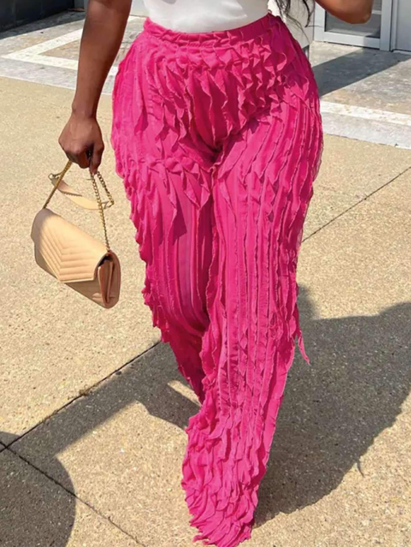 Wave Ruffles Wide Leg Pants - XXL, Rose Pink image