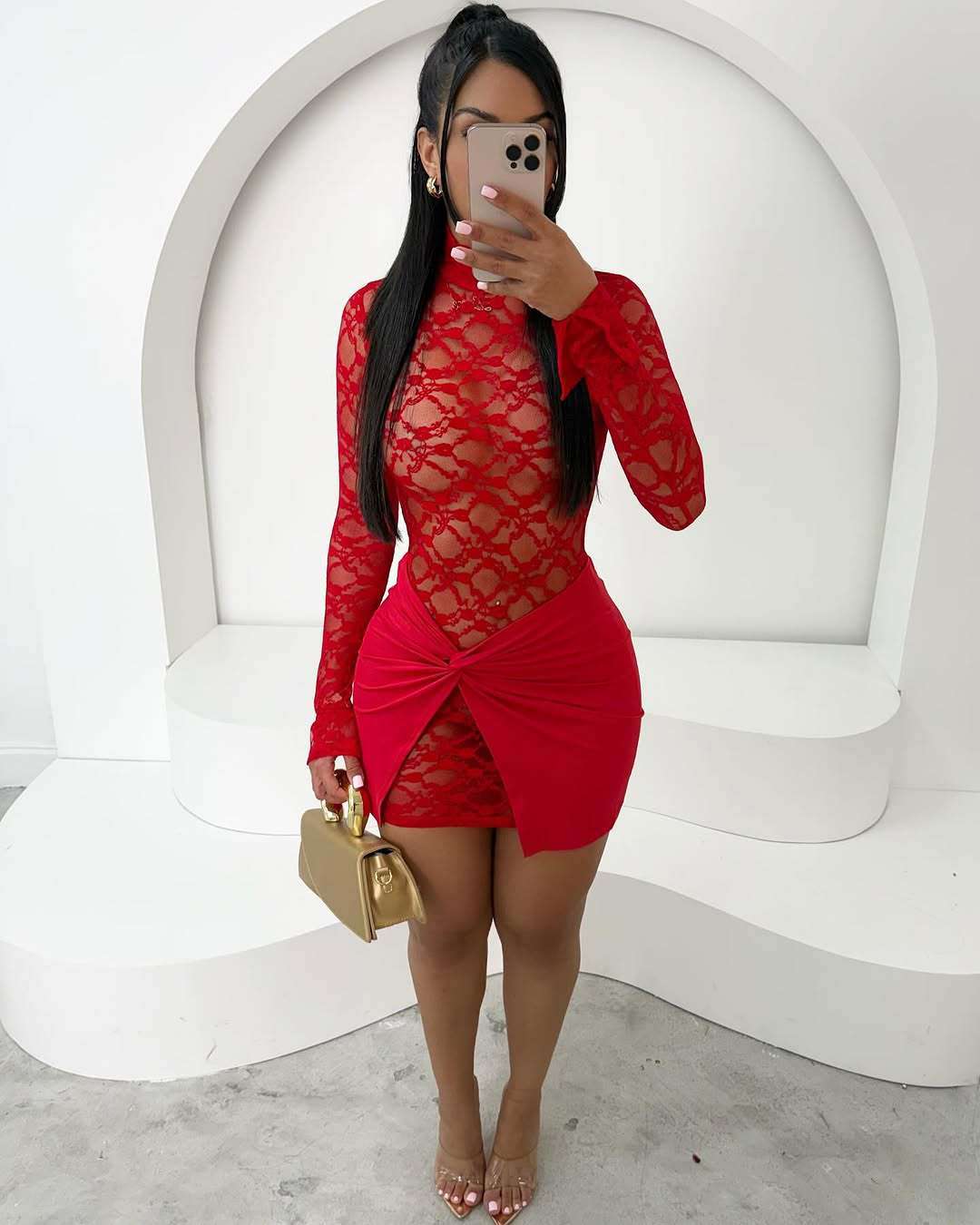 Lace Bodycon Dress with Knot Detail - M, Red image