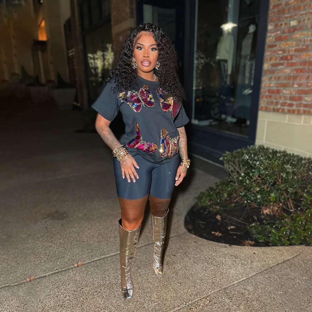 Sequin Lips Graphic T-Shirt & Shorts Set - L, Black image