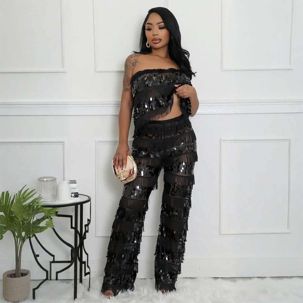 Sequin Fringe Top and Pants Set - L, Black image