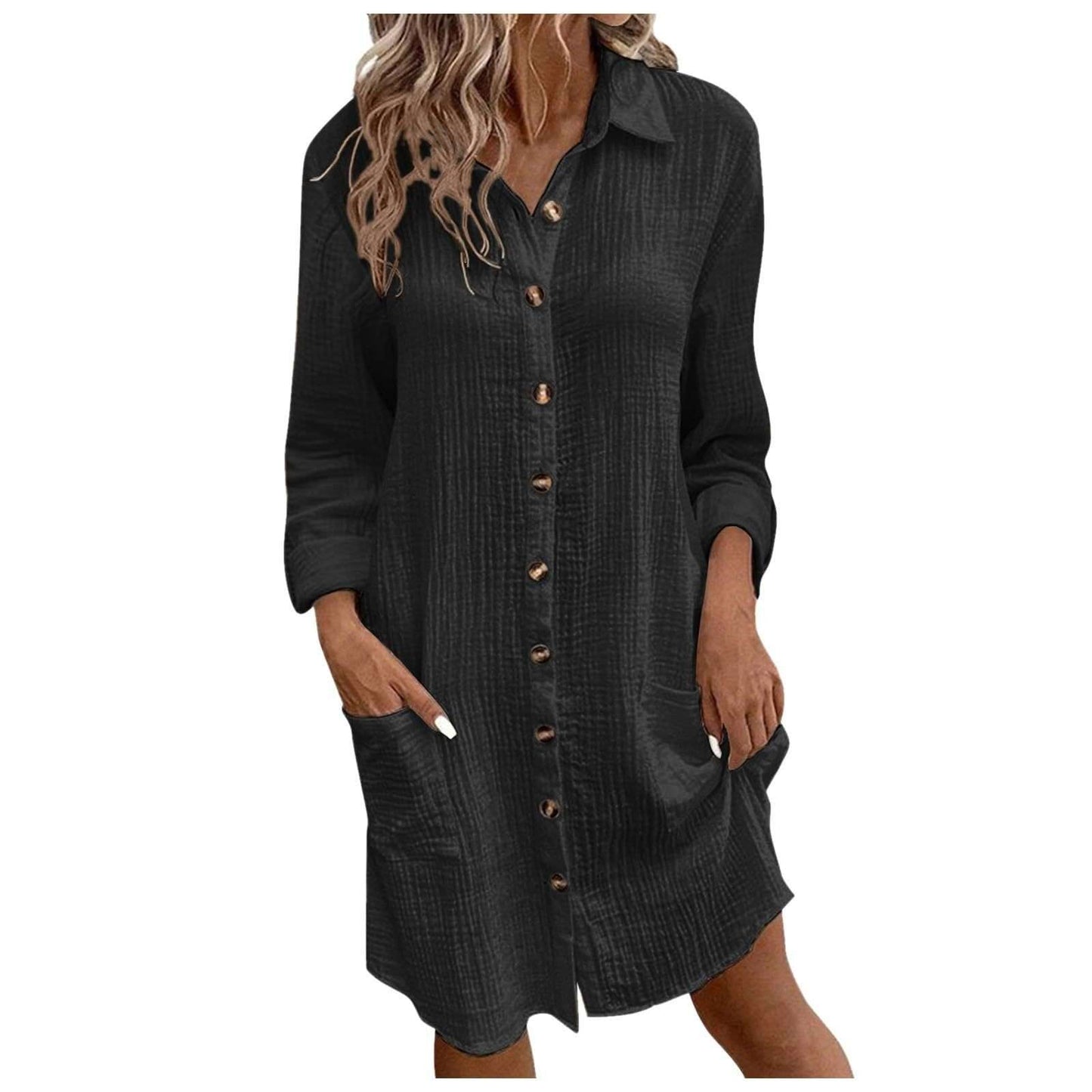 Button-Front Tunic Dress with Pockets - M, Black image