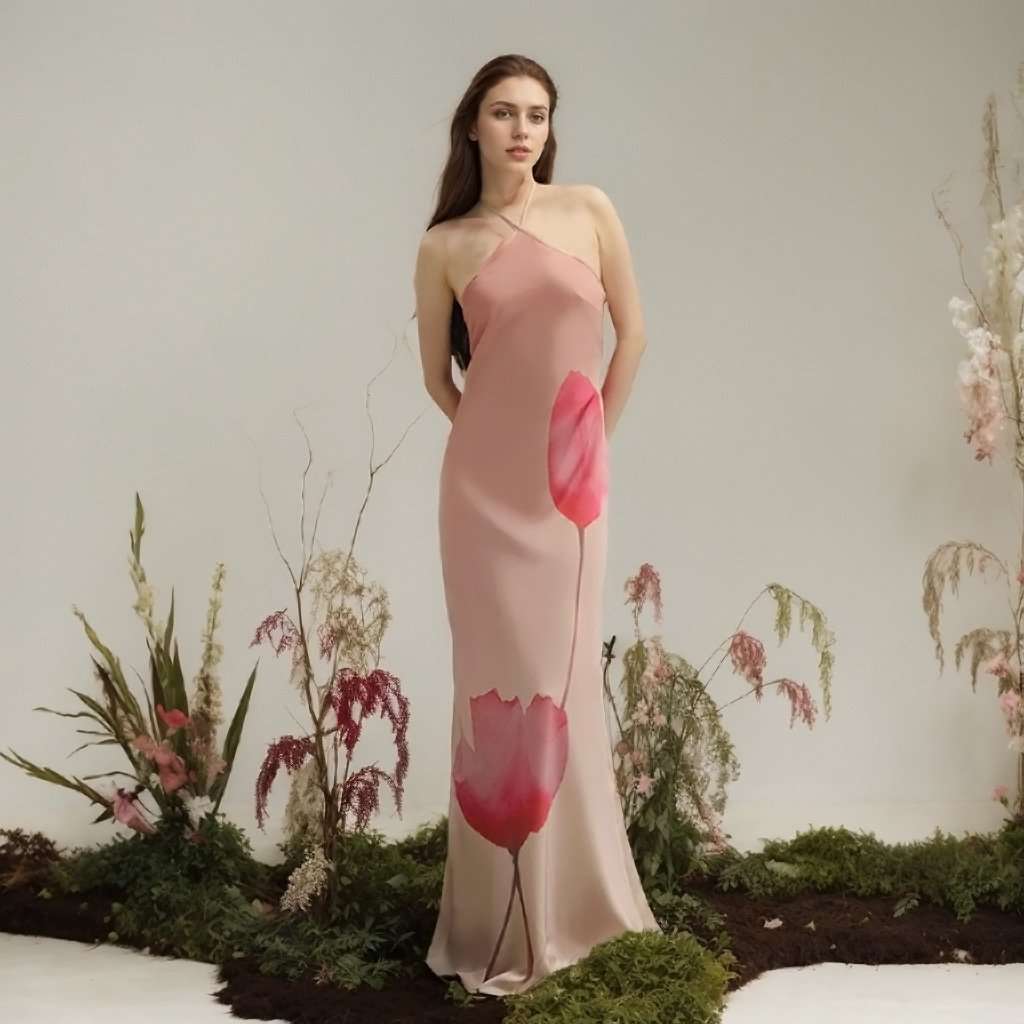 Floral Print Halter Maxi Dress - S, Multi Pink image