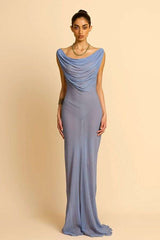 Elegant Blue Draped Evening Gown - S, Blue image