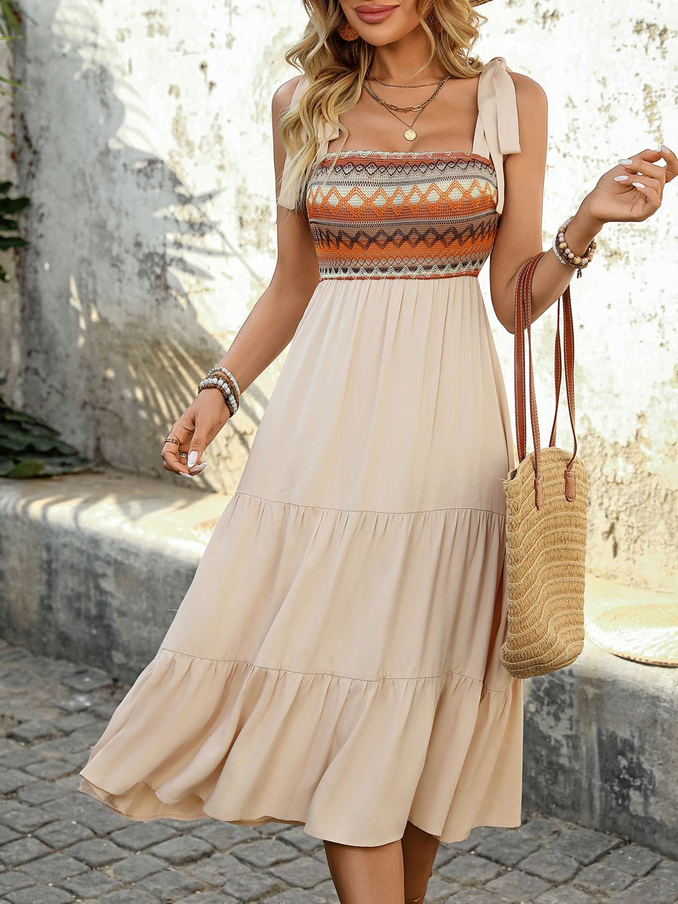 Boho Maxi Dress with Tie-Shoulder Details - L, Beige image