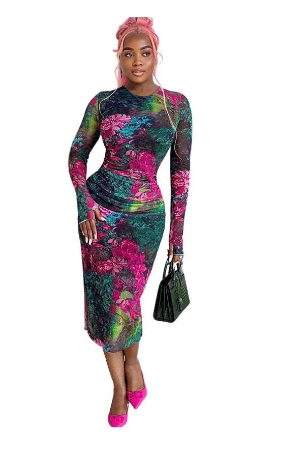 Floral Printed Bodycon Dress - L, Multi Rose image