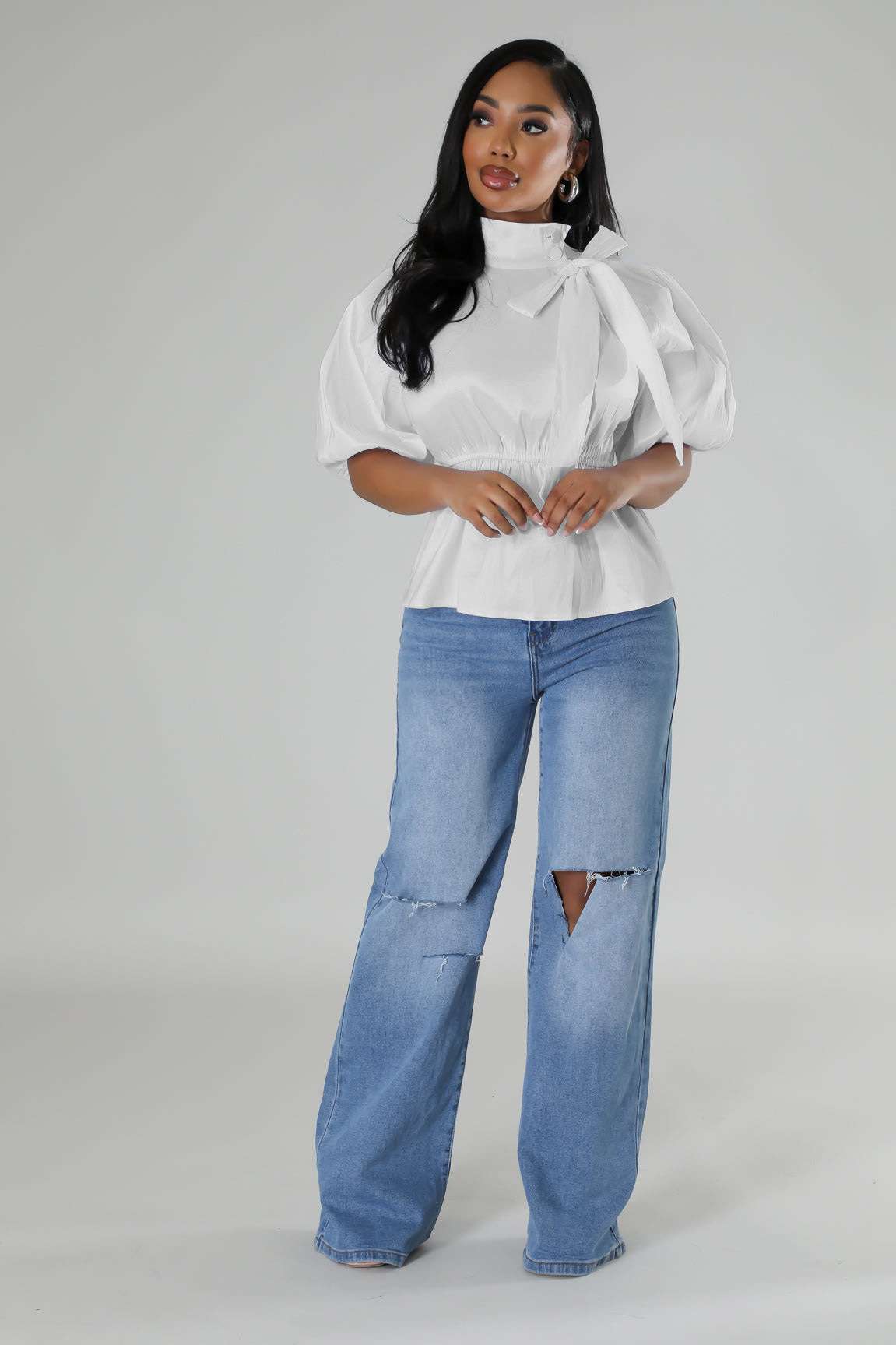 Satin Elegance Bow-Tie Blouse - M, White image