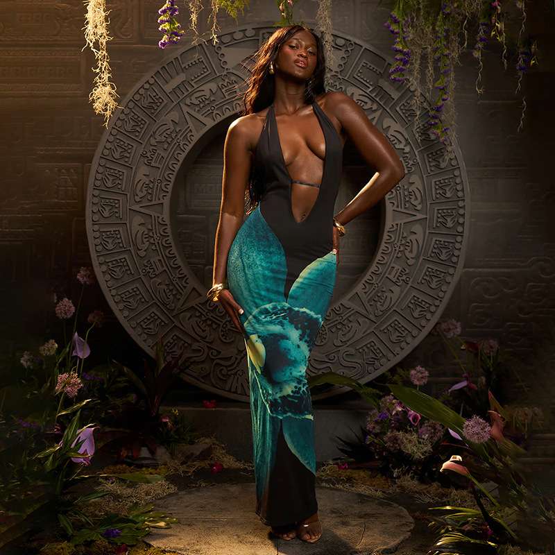 Stylish Ocean Wave Print Beach Dress - L, Blue image