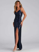 Long Sequined Backless High Slit Straight Dress - L, Deep Lake Blue image